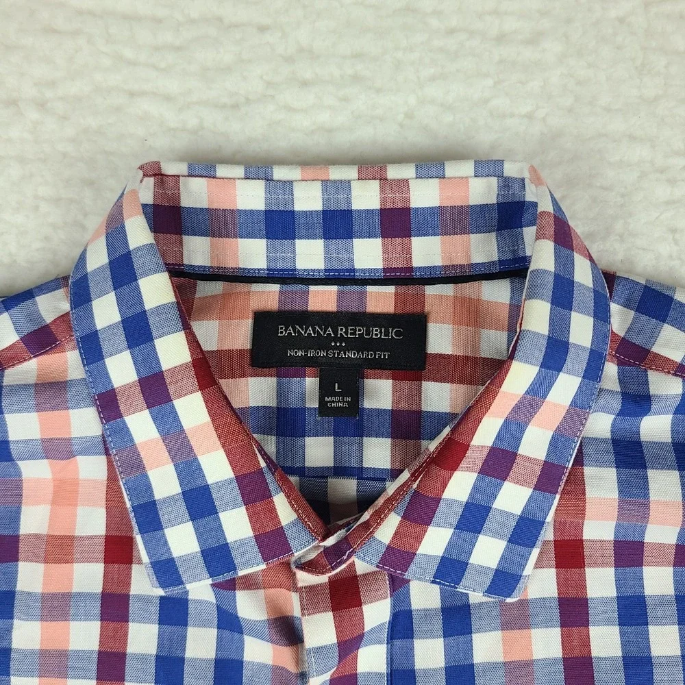Banana Republic Shirt Mens Large Blue Red Check Non Iron Standard Fit Button‎ Up